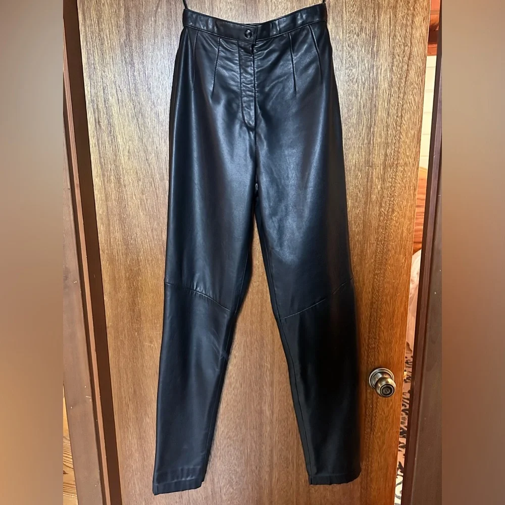 Valerie Steven’s Lambskin New Zealand leather straight leg high waisted pants